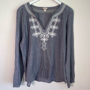 J.Crew Embroidered Chambray Long Sleeve top size XXL